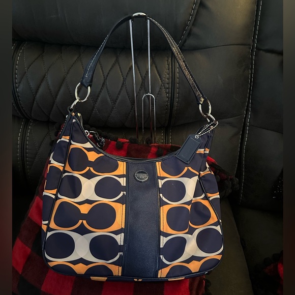 Coach linear Signature Shoulder Bag with Crossbody strap EUC blue/orange - Picture 1 of 8